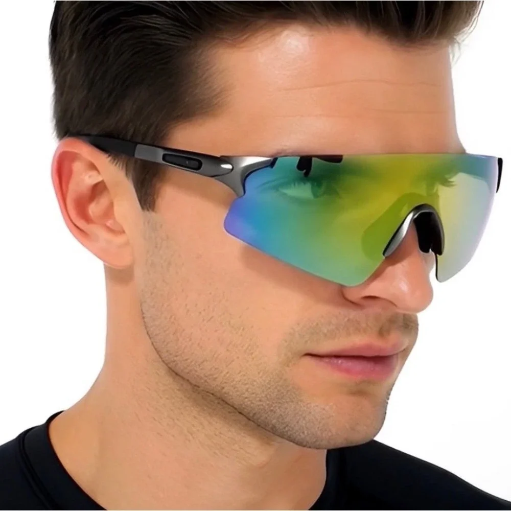 Mens Rimless Wrap Around Sport Sunglasses Iridescent Rainbow Shield Gunmetal New